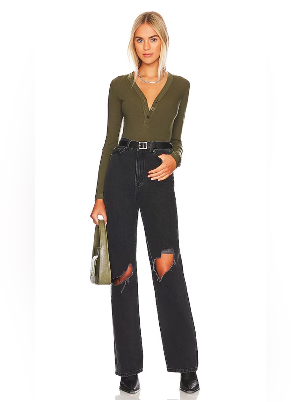 Pistola Grayson Long Sleeve Henley Bodysuit in Olive (M)